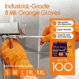 Inspire Heavy Duty Orange Nitrile Disposable Gloves|ULTRA 8 Mil Diamond Textured For Secure Grip|Food Safe, Mechanic, Industrial Disposable Latex Free Gloves Small, 100 Count
