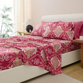 Spirit Linen home Full Size Bed Sheets Set - 6PC Floral Ultra Soft Microfiber Bed Sheets - Easy to Clean, Full Size Sheets with Fitted Sheet, Flat Sheet & Pillowcases (Burgundy Damask)