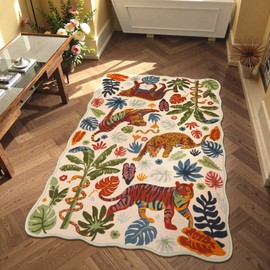LEEVAN 3x5 Bedroom Rug Washable Tiger Kitchen Rugs Non Slip Beige Entryway Mat Scalloped Office Floor Pad Leopard Living Room Rug Low Pile Playroom Carpet Jungle Kids Mat