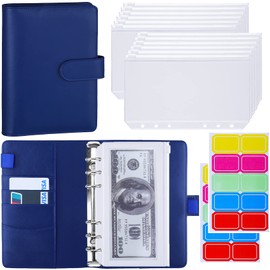 Antner A6 Budget Binder with Zipper Cash Envelopes for Money Organizer & Budgeting, PU Budget Planner Money Saving Binder with Cash Stuffing Envelopes & Labels for Home Office Travel, Navy Blue