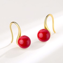Salanda 18K Gold Plated Dangle Pearl Earrings, Red Pearl Drop Earrings Gold Plated Freshwater Pearl Earrings for Women Girls, mm, Brass, No Gemstone