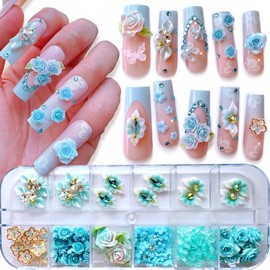 160 Pcs 3D Flowers Manicure Gems with Flowers Butterfly Blossom Bow with Nail Rhinestone Alloy Nail Charms DIY Nail Art Supplies Accessories (Sky Blue)