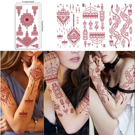 10 Sheets Brown Henna Tattoo Stickers Waterproof Women Lace Fake Tattoos for Wedding Masquerade Party Festival Body Art Decorations