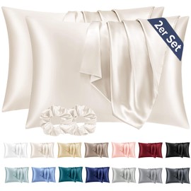 Vielit 2 Satin Pillowcases, 40 x 60 cm, Beige, Soft as Silk Pillowcases, Better Care Than Silk Pillowcases, for Hair and Skin, with 2 Hair Scrunchies