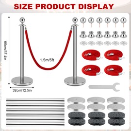 Yeatruojeet 6 PCS Stainless Steel Stanchion Post,5Ft Red Velvet Rope, Hollow Base and Velvet Ropes Safety Barriers Set, Poles Crowd Control Barriers for Red Carpet Themed Decoration