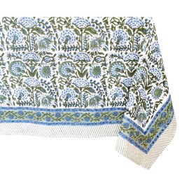 ATOSII Clover Blue 100% Cotton Rectangle Spring Tablecloth, Handblock Floral Print Linen Table Cloth for Kitchen Dining I Parties, Outdoors, Weddings, Easter Holidays I 72 X 108 Inches I 8 Seater