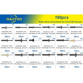 OAUTOO 180PCS Nylon Blind Rivets Quik-Select Assortment for GM Ford Chrysler 5/32", 3/16", 13/64", 15/64", 1/4", 17/64", 9/32" Hole Diameter（ 18 Size）