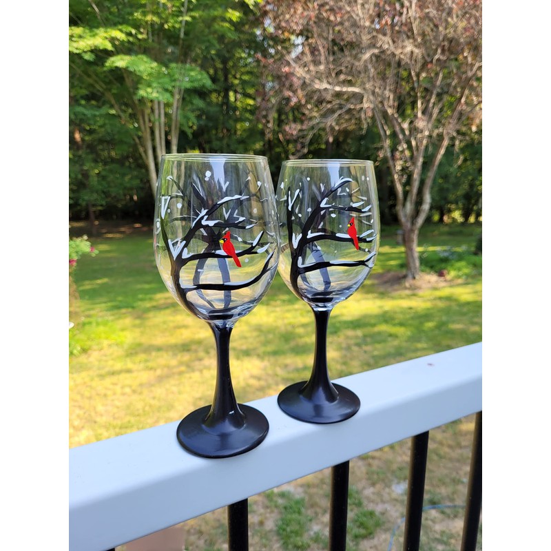 2 Winter Snowy Tree Red Cardinal Wine Glasses Set