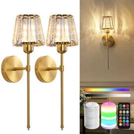 Battery Operated Crystal Wall Sconce Set of 2, Gold Rechargeable Wireless Wall Sconces with Remote Dimmable 12 Colors Modes Led Wall Lights, Wall Lamp for Bedroom Living Room Hallway, 2 Bulbs Included