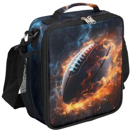 Fire Football Insulated Lunch Bag Watercolor Football Kids Lunch Box Reusable Leakproof Lunch Bag for Girls Boys Cooler Tote Bag with Adjustable Shoulder Strap for School Picnic Work Travel Outdoor