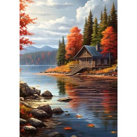 MEIYUDA Fall Diamond Painting Kits Lake,5D Diamond Art Painting Kits for Adults Beginners Maple,DIY Diamond Painting Kits for Adults Countryside Scenery Art Kits for Home Wall Decor Gift 12X16in