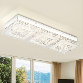 Auffel Crystal Flush Mount Ceiling Light Long Kitchen Lighting Fixtures Ceiling Rectangular Crystal Ceiling Light Fixture for Entryway, Foyer, Hallway, Bathroom, Brush Nickle 18 Inch, 18W Dimmable