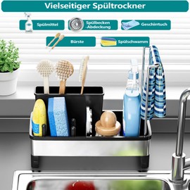 Neusky Black Stainless Steel Sink Organiser - With Brush Holder, Sponge Holder, Cloth Holder, Tea Towel Bar & Soap Dispenser, Rustproof (Black)