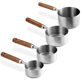LELE LIFE Set of 4 Stainless Steel Measuring Cups with Wooden Handle - 250/125/ 80/ 60ml Metal Measure Scoop for Kitchen Food Baking Cooking