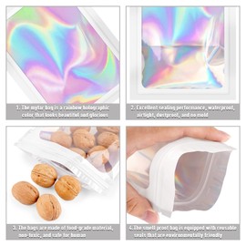 JTIEO 50Pcs Resealable Bags for Food Storage 4x6Inch Holographic Bags with Clear Window Foil Pouch Packaging Bag Self Sealing Bag for Party Favors, Lipgloss, Jewelry, Candy White