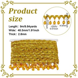 FINGERINSPIRE 9.8Yards/9M Hanging Beads Fringe Lace 48.5mm Wide Gold Rhinestone Bead Fringe Trim Polyester Sewing Fringe Tassel Trim by The Yard for Handmade DIY Clothing Curtain Decoration