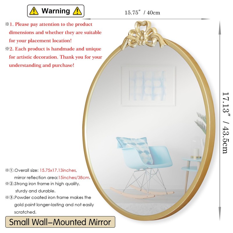 BITALYE 15.75" Small Bow Decorative Round Mirror,Gold Metal Frame Circle