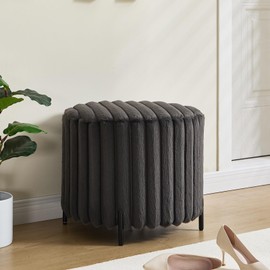 Sudwesto Modern Round Ottoman, Faux Fur Upholstered Footstool with Soft Padded Seat, Stripe Round Footrest with Metal Legs, Vanity Stool for Bedroom, Living Room (Charcoal Round)