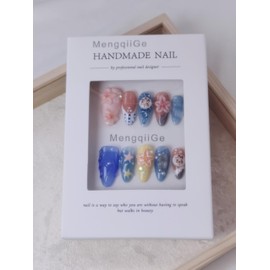 MengqiiGe Handmade Press-On Nails, Almond Shape, Assorted Designs with Floral, Hearts, Stars Patterns, 10 Pieces (MG-011, M)