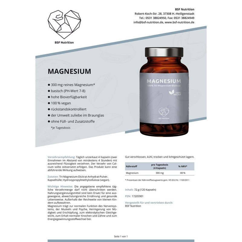 BSF Nutrition - Magnesium 120 capsules - in glass -