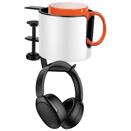 Desk Cup Holder with Headphone Hanger Adjustable Anti-Spill Cup Holder for Desk or Table Clip on Cup Holder Nonslip Tableside Cup Holder Gaming Desk Accessories for Coffee Mugs Water Cups Headphone
