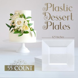 Reli. 55 Pcs Square Plastic Plates Disposable | 6.5" White Disposable Dessert Plates for Party | Hard Plastic | Fancy for Party, Wedding, Small Appetizer, Salads, Dessert