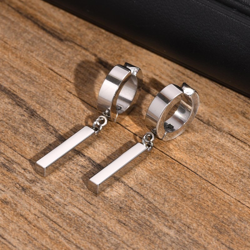 Rockyu Men's Silver Stainless Steel Hoop Earrings with Dangle Bar