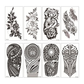 SanKristo 8 Blätter Temporäre Tattoos für Erwachsene Schwarz Tribal Sexy Totem Rose Blume 3D Tattoos Aufkleber für Hand Arm Beine Wasserdicht Tattoo Aufkleber