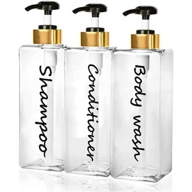 21oz Shampoo Dispenser - Refillable Shampoo and Conditioner Bottles (Clear, Set of 3) - Modern Shampoo Bottles for Shower Soap - Empty Shampoo Conditioner Body Wash Dispenser Set - for Hotel Bathroom