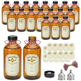 YINGERHUAN 8oz Glass Vanilla Extract Bottles,Round Amber Boston with Caps for Syrup,20 Pack Glass Sample Bottles with Stickers and Funnel for Essential Oils,Wedding,Christmas
