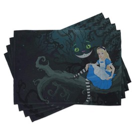 Ambesonne Alice in Wonderland Place Mats Set of 4, Alice Sitting on Branch and Chescire Cat in Darkness Cartoon Style, Washable Fabric Placemats for Dining Table, Standard Size, Multicolor