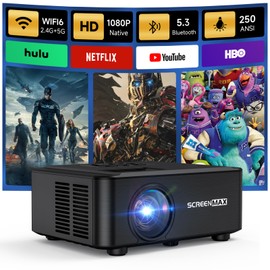 Projector with WIFI and Bluetooth, Native 1080P Bluetooth Projector, Full HD Portable Outdoor Movie Projector with Built-in Speaker, Compatible with Smartphone, HDMI, USB, Fire Stick for Home Cinema