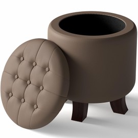 OS MOTOR Ottoman,Round Leather Foot Rest Stool, Upholstered Small Ottoman Chair with Storage for Living Room & Bedroom, Decorative Home Furniture, Brown