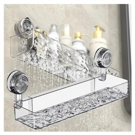  Corrugated Suction Cup Storage Holder Corner Shower Caddy Large Organizer Bathroom Shelf Clear Acrylic Shower Tray Shelves Inside Floating Shower Wall Shelf Bath Basket Rack Heavy Duty (Rect-Clear)