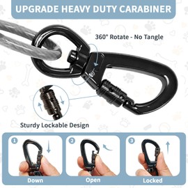 VOXGET 15FT Dog Tie Out Cable, Heavy Duty Dog Runner Lead with 360° Swivel Clips for Large Pets up to 500 lbs, Chew Proof Lockable Leash for Yard Camping Outdoor -Sliver,15FT