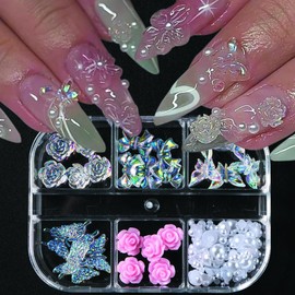 Flower Shape 3D Nail Charms Resin Nail Rhinestones Small Round Pearl Nails Art Charms Bow Nail Gems Charms for Nails Various Style Flower Design Manicure Decor for Women Daily Wear 6 Grids