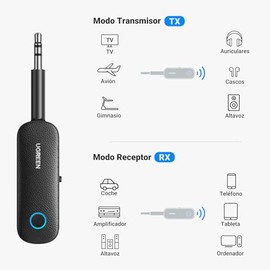 UGREEN Transmisor y Receptor Bluetooth 2 en 1, Mic Incorporado Receptor Bluetooth 5.3 Audio Coche Soporte Manos Libres, inalámbrico Emisor Jack 3.5 pa