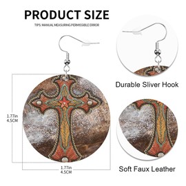Swono Cowhide Cross Round Faux Leather Earrings for Women Native American Patterns Western Decor Lightweight Double-Side Printed Drop Dangle Earring for Birthday Party Gift