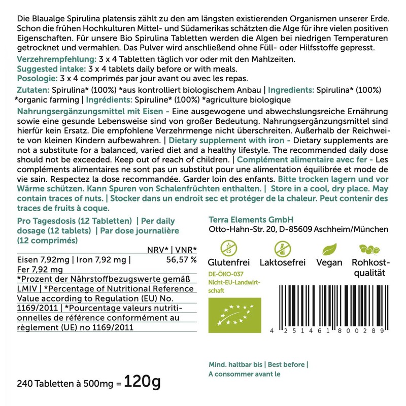 Terra Elements Organic Spirulina Tablets (500 mg, Pack of 240)
