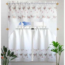 B and H Home Julia Butterfly Pink Embroidered 3-Piece Kitchen Curtain Window Treatment Set (Julia Butterfly Pink),tow tier 30 inch x36 inch one swag 60 inch x36 inch