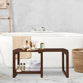 Bathroom Bench Adjustable Length, 29 Inches Shower Benches for Inside Shower, Bathroom Bench Seat, Wood Bathroom Bench, Bathroom Bench with Storage for Adults Seniors Elderly, Walnut Color