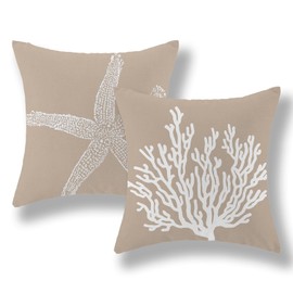 Coastal Pillow Covers 18x18 Inch Set of 2 Brown Tan Coral Starfish Throw Pillows Summer Nautical Beach Ocean Decorations Linen Pillowcase Outdoor Decor Farmhouse Cushion Case for Home Bedroom