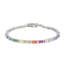 AFFY 14k Gold Plated 925 Sterling Silver Colourful Bar Setting Rainbow Baguette Sparkling Multi Color Sapphire Gemstone Tennis Bracelet, Jewelry for womens, 7 Inch, Sterling Silver, Cubic Zirconia