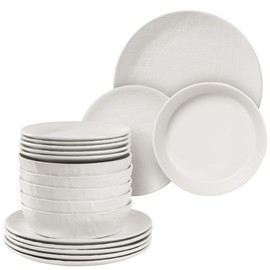 Navaris Linen Artisan Stoneware Dinnerware Set (18 Pieces) - White Dinnerware with Dinner Plates, Side Plates, and Pasta Bowls - Dishwasher and Microwave Safe