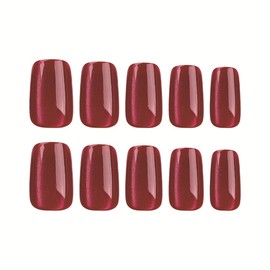 24PCS Short False Nails with Glue Stickers,Coffin Full Cover Acrylic Nails Press on Nails no Glue,Red Cat Eye French Fake Nails Stick on Nails for Women and Girls Nail Art.