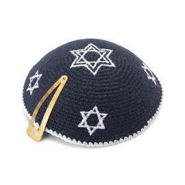 JL Kippah Jewish Israel Cotton Knitted Midnight Blue Black Multi Silver Star of David, Midnight Blue, 85, midnightblue