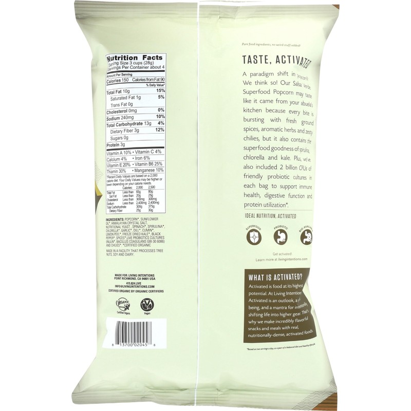 Living Intentions Organic Superfood Popcorn – Salsa Verde – NonGMO