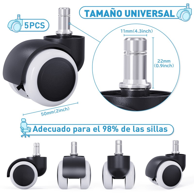 LIHAO 5X Ruedas Silla Oficina 11mm/50mm Rueda Silla Giratoria (Blanco