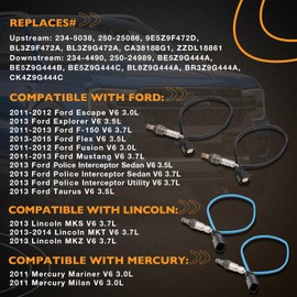 Oxygen O2 Sensor Upstream Downstream 4Pcs Compatible with Ford Tucson Explorer Mustang Escape F-150 Lincoln MKS MKT Mercury Milan V6 3.0L 3.5L 3.7L Replace# 234-5038, 234-4490