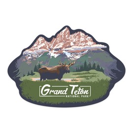 Die Cut Sticker Grand Teton National Park, Wyoming, Moose and Mountains, Contour Vinyl Sticker 3 to 6 inches, (Waterproof Decal for Cars, Water Bottles, Laptops, Coolers), Large